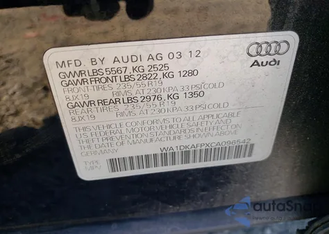 2012 Audi Q5 Premium Plus z USA, uszkodzony, nr VIN WA1DKAFPXCA096542